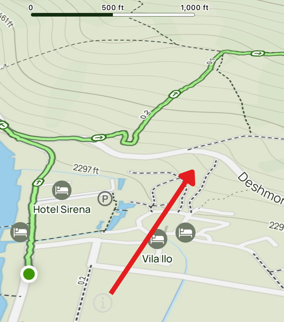 Map showing where the trail used to begin before the highway was built